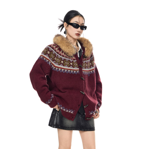 ICH MODE 美式復古費爾島毛領連帽針織開衫女春秋季慵懶毛衣外套