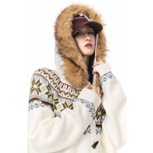 ICH MODE 美式復古費爾島毛領連帽針織開衫女春秋季慵懶毛衣外套