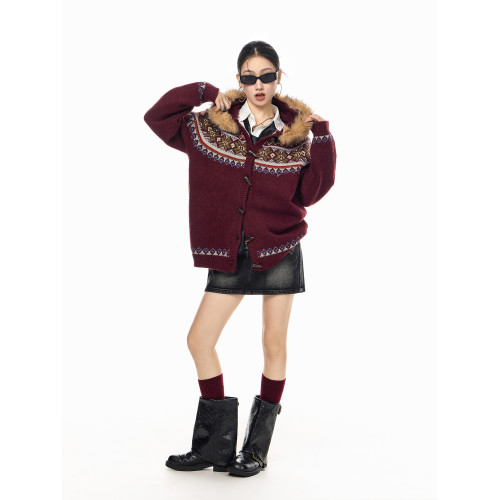 ICH MODE 美式復古費爾島毛領連帽針織開衫女春秋季慵懶毛衣外套