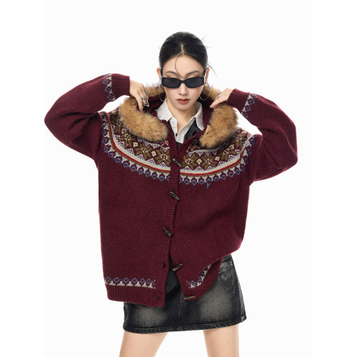 ICH MODE 美式復古費爾島毛領連帽針織開衫女春秋季慵懶毛衣外套