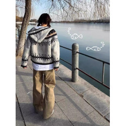 巴恩風復古提花費爾島毛衣外套女秋冬連帽慵懶高級感針織上衣開衫