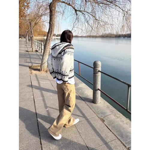 巴恩風復古提花費爾島毛衣外套女秋冬連帽慵懶高級感針織上衣開衫