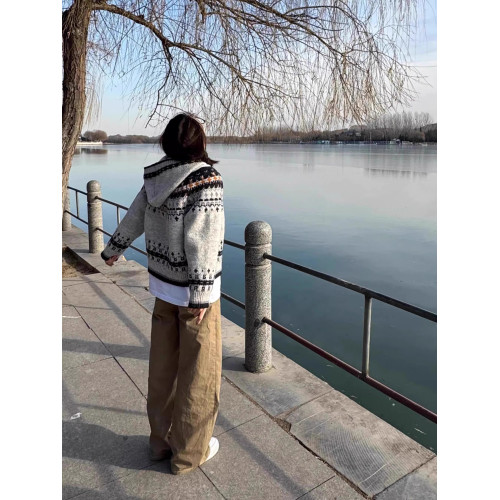 巴恩風復古提花費爾島毛衣外套女秋冬連帽慵懶高級感針織上衣開衫