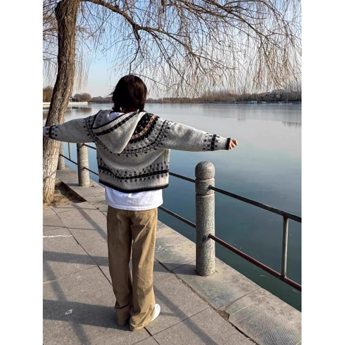 巴恩風復古提花費爾島毛衣外套女秋冬連帽慵懶高級感針織上衣開衫