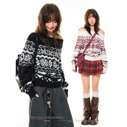 YOUNG STAGE費爾島一字肩毛衣女秋季復古辣妹修身顯瘦露肩短上衣