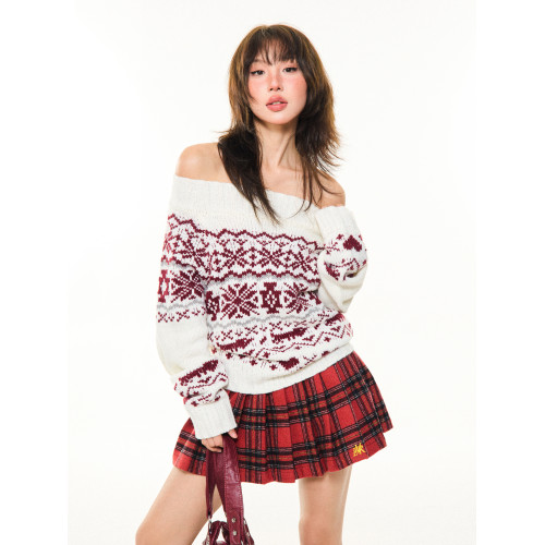 YOUNG STAGE費爾島一字肩毛衣女秋季復古辣妹修身顯瘦露肩短上衣 YOUNG STAGE費爾島一字肩毛衣女秋季復古辣妹修身顯瘦露肩短上衣