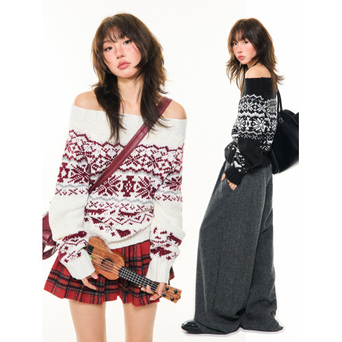 YOUNG STAGE費爾島一字肩毛衣女秋季復古辣妹修身顯瘦露肩短上衣 YOUNG STAGE費爾島一字肩毛衣女秋季復古辣妹修身顯瘦露肩短上衣