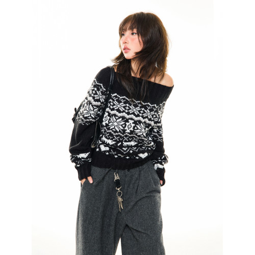 YOUNG STAGE費爾島一字肩毛衣女秋季復古辣妹修身顯瘦露肩短上衣 YOUNG STAGE費爾島一字肩毛衣女秋季復古辣妹修身顯瘦露肩短上衣