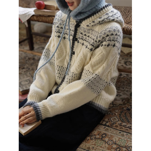 復古費爾島麻花連帽開衫毛衣外套女冬季加厚寬松慵懶風高級感上衣 復古費爾島麻花連帽開衫毛衣外套女冬季加厚寬松慵懶風高級感上衣