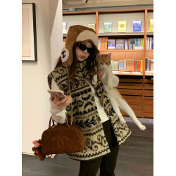 費爾島提花羊羔毛馬甲女2025新款立領韓系外穿麂皮絨皮毛一體馬甲