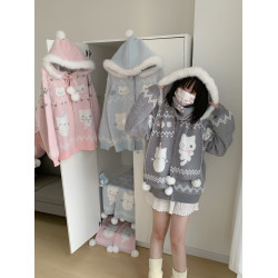 小貓吃不飽原創雪人貓奶藍費爾島仿貂毛秋冬開衫連帽外套開衫毛衣