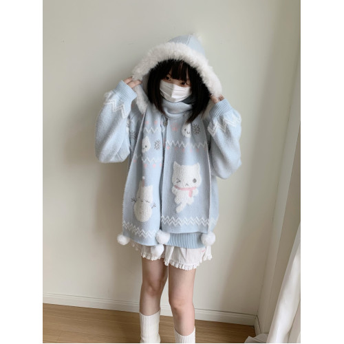 小貓吃不飽原創雪人貓奶藍費爾島仿貂毛秋冬開衫連帽外套開衫毛衣 小貓吃不飽原創雪人貓奶藍費爾島仿貂毛秋冬開衫連帽外套開衫毛衣