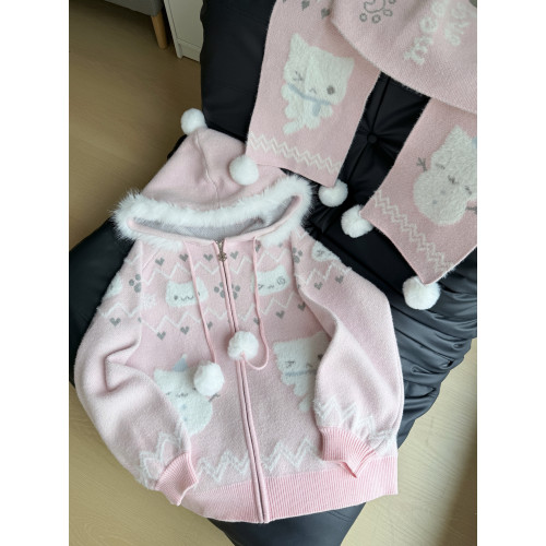 小貓吃不飽原創雪人貓奶藍費爾島仿貂毛秋冬開衫連帽外套開衫毛衣 小貓吃不飽原創雪人貓奶藍費爾島仿貂毛秋冬開衫連帽外套開衫毛衣