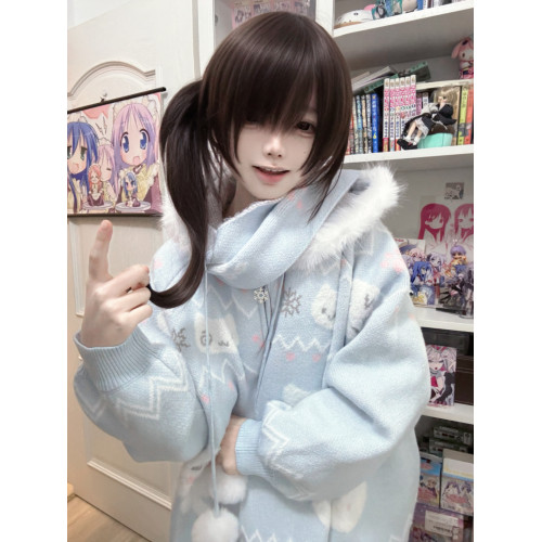 小貓吃不飽原創雪人貓奶藍費爾島仿貂毛秋冬開衫連帽外套開衫毛衣 小貓吃不飽原創雪人貓奶藍費爾島仿貂毛秋冬開衫連帽外套開衫毛衣