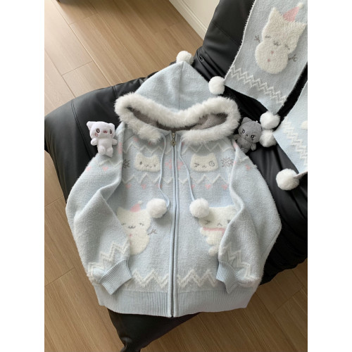 小貓吃不飽原創雪人貓奶藍費爾島仿貂毛秋冬開衫連帽外套開衫毛衣 小貓吃不飽原創雪人貓奶藍費爾島仿貂毛秋冬開衫連帽外套開衫毛衣