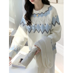 白色費爾島復古菱格圓領毛衣女秋冬慵懶風設計感刺綉撞色針織衫厚