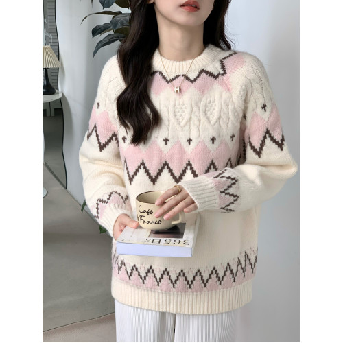 白色費爾島復古菱格圓領毛衣女秋冬慵懶風設計感刺綉撞色針織衫厚