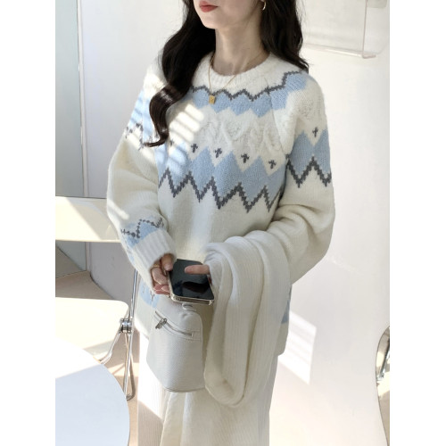 白色費爾島復古菱格圓領毛衣女秋冬慵懶風設計感刺綉撞色針織衫厚