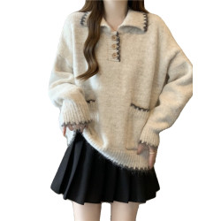 慵懶風軟糯翻領正肩毛衣女2025秋季新款大碼胖mm費爾島針織衫上衣