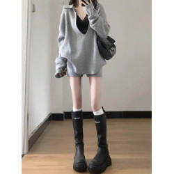 早秋季灰色針織毛衣套裝連衣裙子女2025年新款氣質一整套ootd穿搭