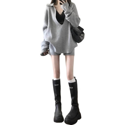 早秋季灰色針織毛衣套裝連衣裙子女2025年新款氣質一整套ootd穿搭