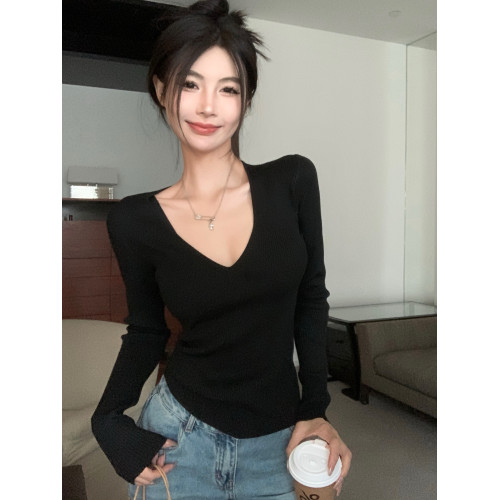 kumikumi辣妹風純色性感氣質正肩長袖針織衫女秋季修身顯瘦上衣