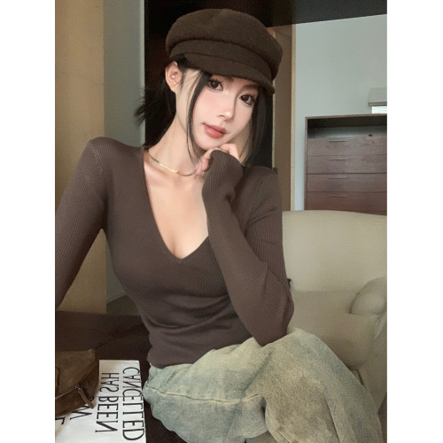 kumikumi辣妹風純色性感氣質正肩長袖針織衫女秋季修身顯瘦上衣