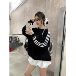 美式復古三條杠蝴蝶結黑色衛衣女2025秋季新款寬松顯瘦長袖上衣潮