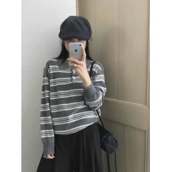 韓國東大門2025秋季新款休閒簡約復古學院風條紋Polo領針織毛衣女