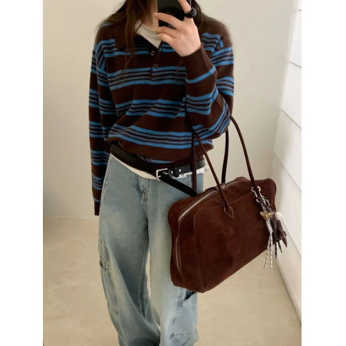 韓國東大門2025秋季新款休閒簡約復古學院風條紋Polo領針織毛衣女 韓國東大門2025秋季新款休閒簡約復古學院風條紋Polo領針織毛衣女