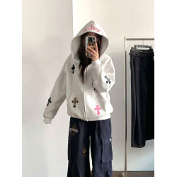 2025新款早秋開衫十字架貼布字母刺綉衛衣女秋冬寬松純棉重磅外套