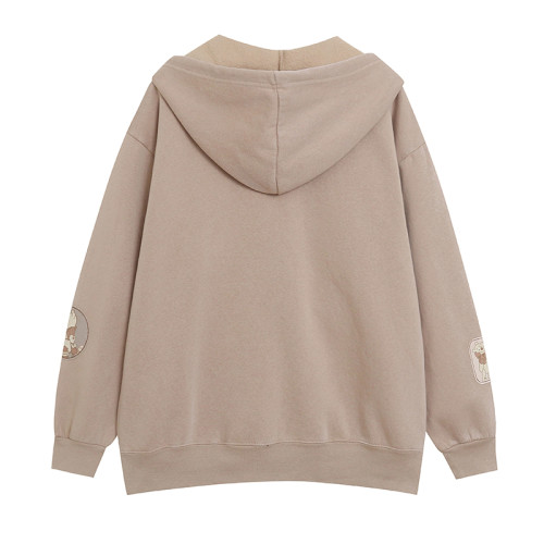 卡通貼布綉衛衣 水洗做舊俏皮連帽長袖拉鍊外套 寬松加絨開衫