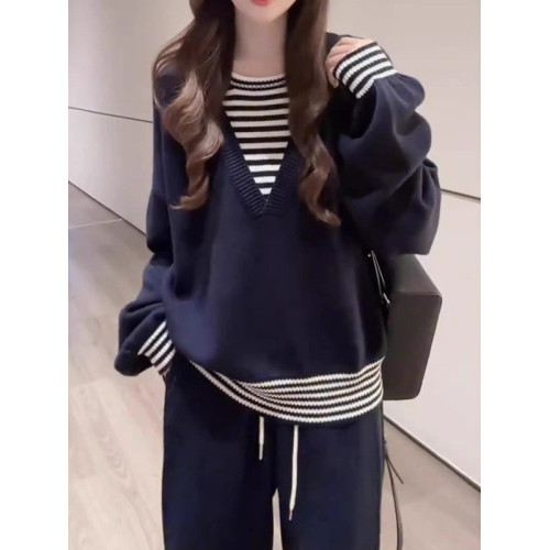 大碼時尚條紋拼接假兩件針織毛衣女秋季款胖mm寬松慵懶風顯瘦上衣