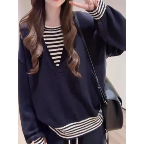大碼時尚條紋拼接假兩件針織毛衣女秋季款胖mm寬松慵懶風顯瘦上衣
