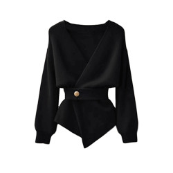 2025新款春秋黑色V領長袖針織衫女裝設計感小衆收腰短款毛衣上衣