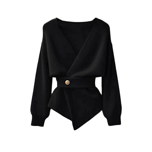 2025新款春秋黑色V領長袖針織衫女裝設計感小衆收腰短款毛衣上衣