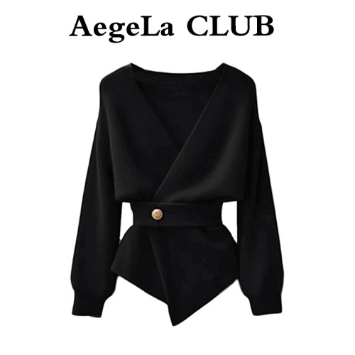 2025新款春秋黑色V領長袖針織衫女裝設計感小衆收腰短款毛衣上衣