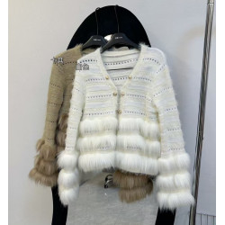 2025秋裝新款仿狐狸毛輕皮草重工亮絲V領小巴針織開衫女