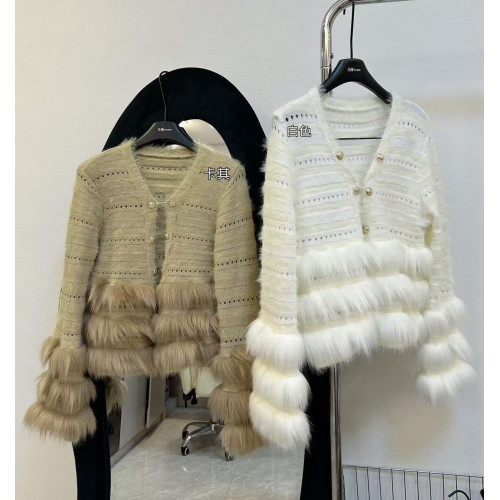 2025秋裝新款仿狐狸毛輕皮草重工亮絲V領小巴針織開衫女 2025秋裝新款仿狐狸毛輕皮草重工亮絲V領小巴針織開衫女