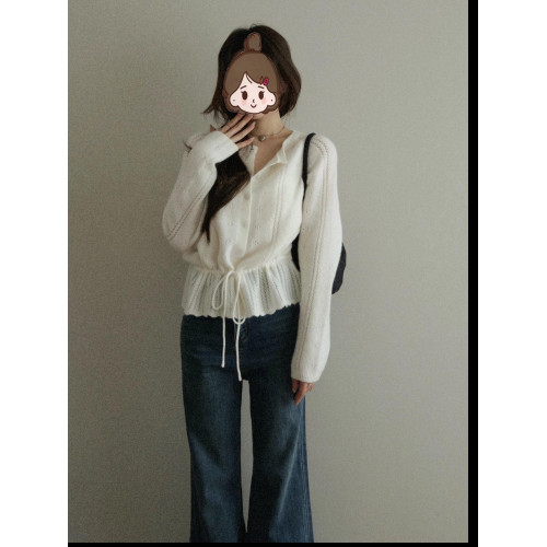 淡顔系秋季奶油設計感收腰綁帶針織衫上衣鏤空衫