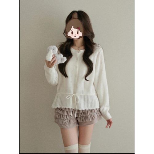 淡顔系秋季奶油設計感收腰綁帶針織衫上衣鏤空衫