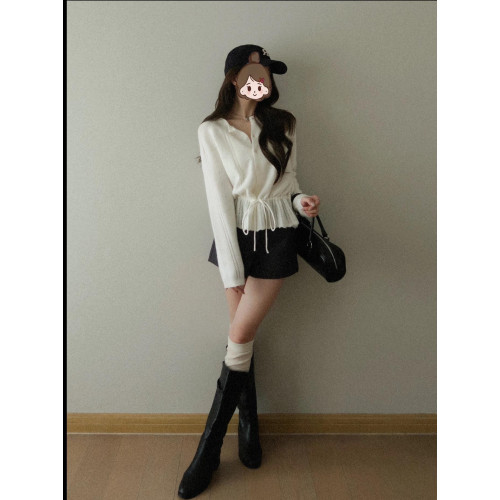 淡顔系秋季奶油設計感收腰綁帶針織衫上衣鏤空衫