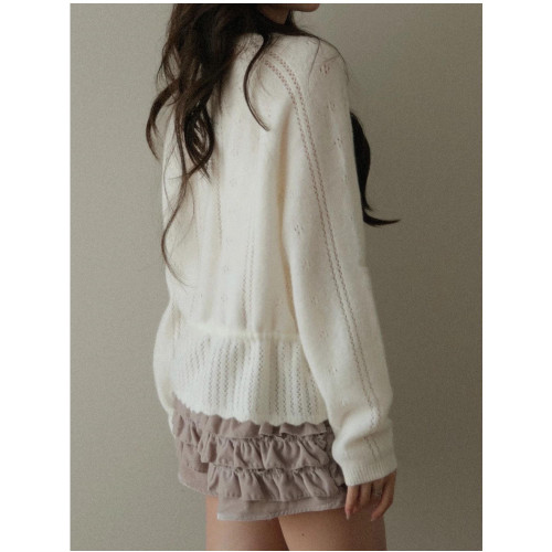 淡顔系秋季奶油設計感收腰綁帶針織衫上衣鏤空衫