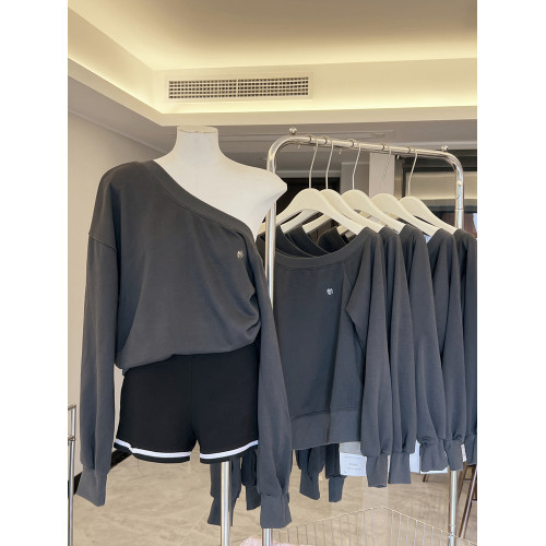 博主推薦~深灰色不對稱斜肩寬松衛衣女早秋設計感休閒慵懶感上衣