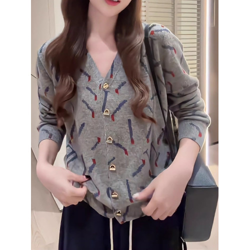 灰色V領長袖針織開衫外套秋季大碼胖MM時尚洋氣寬松顯瘦漂亮上衣