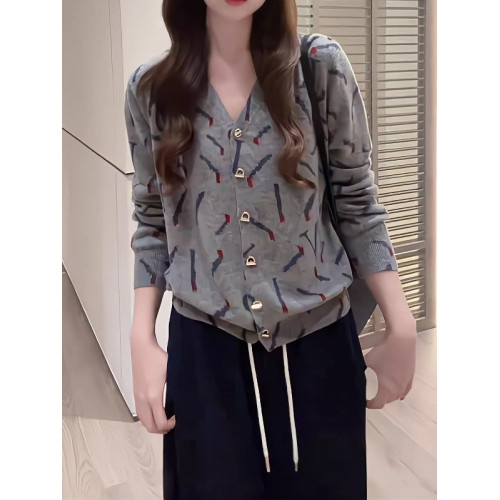 灰色V領長袖針織開衫外套秋季大碼胖MM時尚洋氣寬松顯瘦漂亮上衣