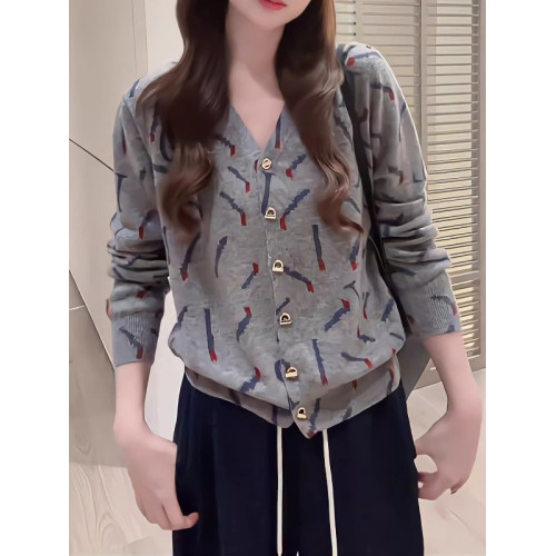 灰色V領長袖針織開衫外套秋季大碼胖MM時尚洋氣寬松顯瘦漂亮上衣