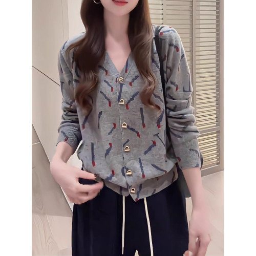 灰色V領長袖針織開衫外套秋季大碼胖MM時尚洋氣寬松顯瘦漂亮上衣