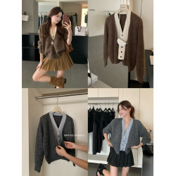 復古咖色假兩件v領針織開衫女秋冬季法式松弛感寬松毛衣外套上衣