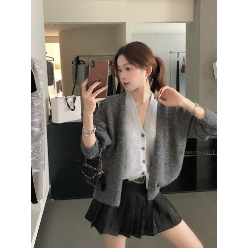 復古咖色假兩件v領針織開衫女秋冬季法式松弛感寬松毛衣外套上衣